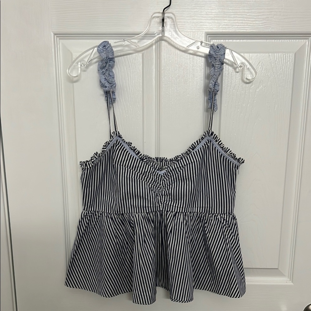 Zara Navy and White Ruffled Peplum Tank